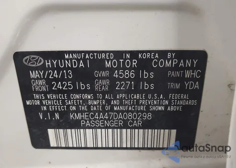 2013 Hyundai Sonata Hybrid Limited z USA, uszkodzony, nr VIN KMHEC4A47DA080298